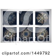 Clipart Graphic Of Ornate Golden Mandala Designs On Black Over A Gray Background Royalty Free Vector Illustration