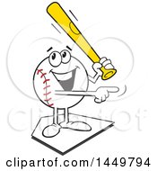 Clipart Graphic Of A Cartoon Baseball Mascot Holding A Bat Pointing And Standing On A Base Royalty Free Vector Illustration
