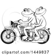 Clipart Graphic Of A Happy Black And White Frog Couple Riding A Red Motorcycle Royalty Free Vector Illustration