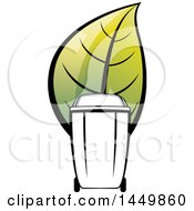Clipart Graphic Of A Black And Hwite Yard Debris Trash Bin With A Giant Green Leaf Royalty Free Vector Illustration