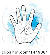 Clipart Graphic Of A Black And White Hand With Palm Lines Over Blue Watercolor Royalty Free Vector Illustration