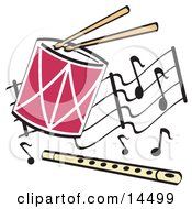 Poster, Art Print Of Drumsticks Playing A Drum And A Flute Over A Musical Note Background
