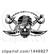 Clipart Graphic Of A Black And White Pirate Skull And Crossed Swirds Royalty Free Vector Illustration
