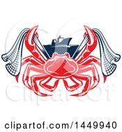 Clipart Graphic Of A Red Crab With Netting And A Boat Royalty Free Vector Illustration by Vector Tradition SM
