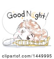 Poster, Art Print Of Retro Sketched White Girl Resting Her Head On A Pillow And Saying Good Night