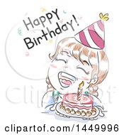 Retro Sketched White Girl With A Cake Shouting Happy Birthday