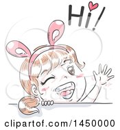 Poster, Art Print Of Retro Sketched White Girl Wearing Bunny Ears Waving And Saying Hi