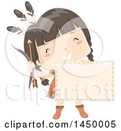 Happy Native American Indian Girl Holding A Bow Arrow And Blank Sign
