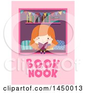 Poster, Art Print Of Red Haired White Girl Reading A Book In A Nook With Text On Pink