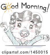Poster, Art Print Of Retro Sketched White Boy Stretching And Shouting Good Morning