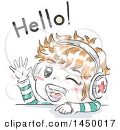 Poster, Art Print Of Retro Sketched Red Haired White Boy Waving And Wearing Headphones Under Hello Text