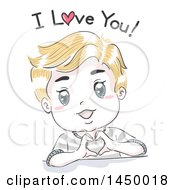 Clipart Graphic Of A Retro Sketched Blond White Boy Forming A Heart With His Hands And Saying I Love You Royalty Free Vector Illustration
