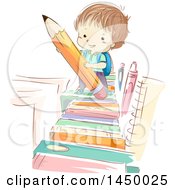 Poster, Art Print Of Sketched Brunette White School Boy Holding A Pencil On A Book Path