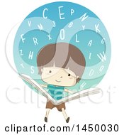 Poster, Art Print Of Sketched Brunette White Boy Reading A Book With A Circle Of Alphabet Letters