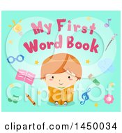 Poster, Art Print Of Boy Reading Under My First Word Book Text With Floating Items On Blue