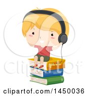 Poster, Art Print Of Blond White Boy Wearing Headphones And Sitting On A Stack Of Books