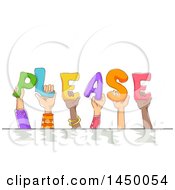 Poster, Art Print Of Group Of Sketched Child Hands Holding Up Letters And Spelling The Word Please