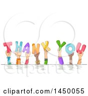 Poster, Art Print Of Group Of Sketched Child Hands Holding Up Letters And Spelling The Words Thank You