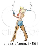 Attractive Blonde Cowgirl Wearing Blue Jeans And Chaps Holding Two Smoking Pistils After Shooting Guns by Andy Nortnik