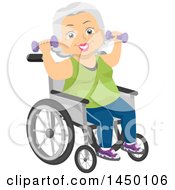 Happy White Haired Senior White Woman Sitting In A Wheelchair And Working Out With Dumbbells