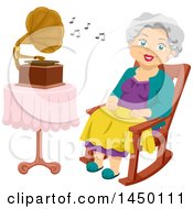 Happy White Haired Senior White Woman Sitting In A Rocking Chair And Listenting To A Gramophone