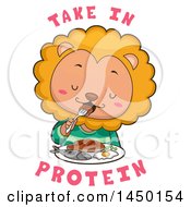 Poster, Art Print Of Cute Lion Eating A Meal With Take In Protein Text