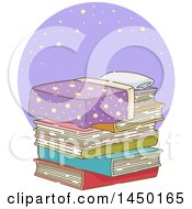 Poster, Art Print Of Bed Of Stacked Books Against A Purple Circle With Stars