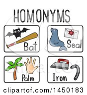 Clipart Graphic Of Homonyms Flash Cards Of A Bat Seal Palm And Iron Royalty Free Vector Illustration by BNP Design Studio