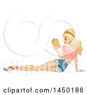 Blond White Woman Laying On The Floor And Reading A Book