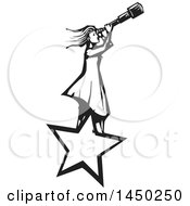 Black And White Woodcut Girl Standing On A Star And Looking Through A Telescope