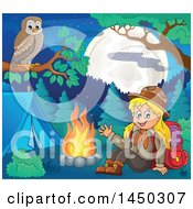Poster, Art Print Of Camping Scout Girl Waving By A Camp Fire With An Owl Perched On A Branch