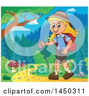Poster, Art Print Of Happy Girl Hiking On A Path With Poles