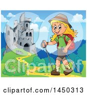 Poster, Art Print Of Happy Girl Hiking Near Castle Ruins With Poles