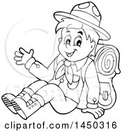 Poster, Art Print Of Black And White Lineart Happy Hiking Scout Boy Sitting And Waving