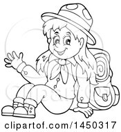 Clipart Graphic Of A Black And White Lineart Hiking Scout Girl Sitting And Waving Royalty Free Vector Illustration