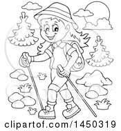 Poster, Art Print Of Black And White Lineart Happy Girl Hiking With Poles