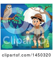 Poster, Art Print Of Scout Boy Holding A Lantern And Backpack At A Camping Site