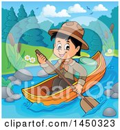 Poster, Art Print Of Happy Scout Boy Rowing A Boat Down A River
