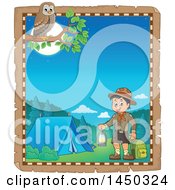 Poster, Art Print Of Parchment Border Of A Scout Boy Holding A Lantern And Backpack At A Camping Site
