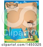 Clipart Graphic Of A Parchment Scroll Border Of A Scout Boy Holding A Lantern And Backpack At A Camping Site Royalty Free Vector Illustration by visekart