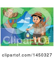 Poster, Art Print Of Scout Boy Holding A Lantern And Backpack At A Camping Site