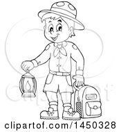 Poster, Art Print Of Black And White Lineart Scout Boy Holding A Lantern And Backpack