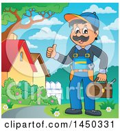 Poster, Art Print Of Happy Male Plumber Holding A Tool Box And Giving A Thumb Up Outdoors
