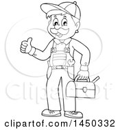 Poster, Art Print Of Black And White Lineart Happy Male Plumber Holding A Tool Box And Giving A Thumb Up