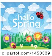 Poster, Art Print Of Hello Spring Text Design With Flowers And Ladybugs