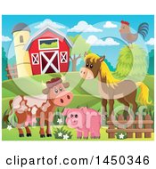 Poster, Art Print Of Horse Pig Cow And Chicken In Front Of A Red Barn And Silo In The Spring Or Summer