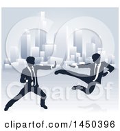 Silhouetted Business Men Kung Fu Fighting Over A City