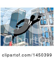 Clipart Graphic Of A Black And White Silhouetted Super Businesss Man Flying Through A City Royalty Free Vector Illustration