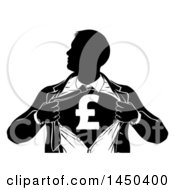 Poster, Art Print Of Black And White Silhouetted Strong Business Man Super Hero Ripping Off His Suit Revealing A Pound Currency Symbol