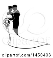 Clipart Graphic Of A Black And White Silhouetted Posing Wedding Bride And Groom Royalty Free Vector Illustration